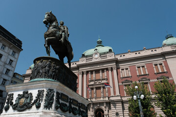 View of Prince Mihailo monument and National Museum of Serbia on sunny day. Belgrade, Serbia.
