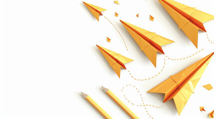 White School Notebook with 3D Flying Yellow Paper Airplanes