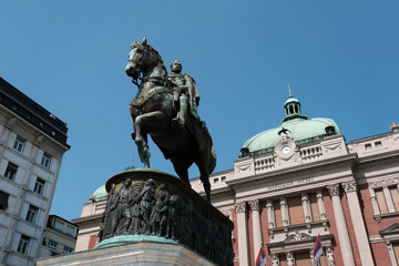 View of Prince Mihailo monument and National Museum of Serbia on sunny summer day. Belgrade, Serbia.