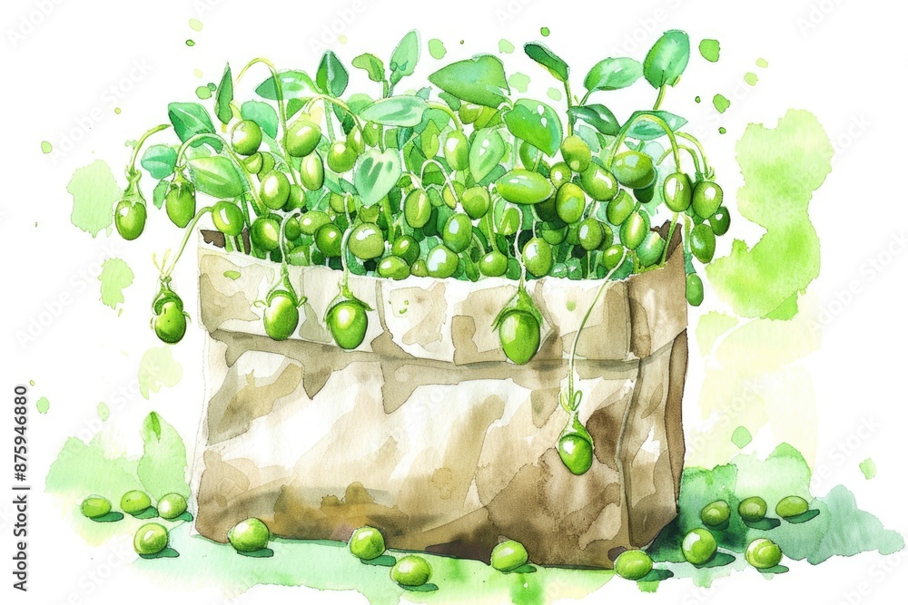 Poster Hand-drawn Watercolor Illustration of Fresh Green Beans and Sprouting Seeds in a Paper Bag