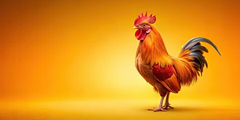 Orange rooster standing proudly on yellow background, rooster, orange, poultry, farm, animal, proud, colorful, vibrant