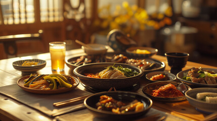 Fototapeta premium A table set with traditional Korean bibimbap, in a traditional Korean house, vegan food setting, traditional food 
