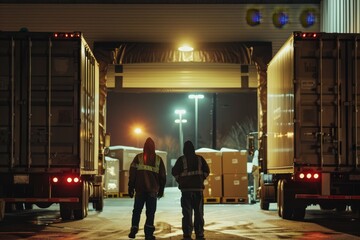 Two men standing in front of a truck in a warehouse generated by AI