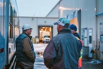 Three men standing outside a building, one wearing a safety vest generated by AI
