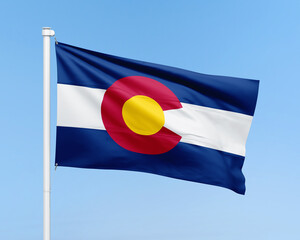 Colorado flag on stick on sky background. Realistic flag illustration