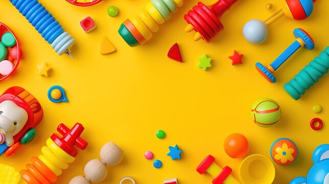 Children's toys arranged in a fun pattern on a vibrant yellow background, blank space for copy