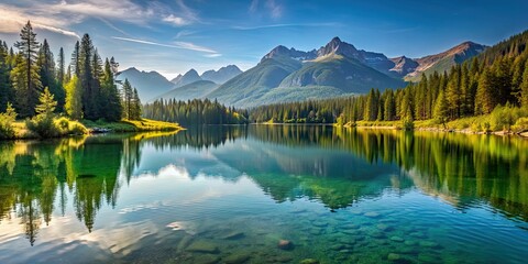 Obraz premium Serene lake surrounded by mountains and trees, serene, lake, mountains, trees, tranquility, peaceful, nature