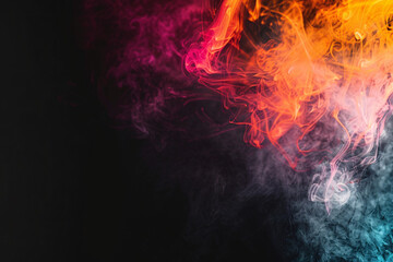 Abstract image featuring smoke of various colors, including orange, pink, and blue, on a dark background