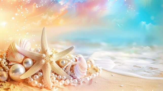 Abstract summer nature composition with starfish and pearl seashell border on colorful sky background