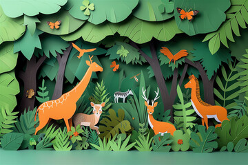 Naklejka premium Design a paper cut scene of a dense forest with various animals hidden among the trees and foliage.