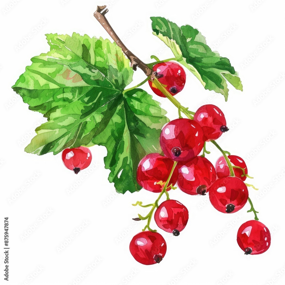 Canvas Prints Hand-drawn Watercolor Red Currant Berries on White Background, Fresh and Juicy Summer Fruit