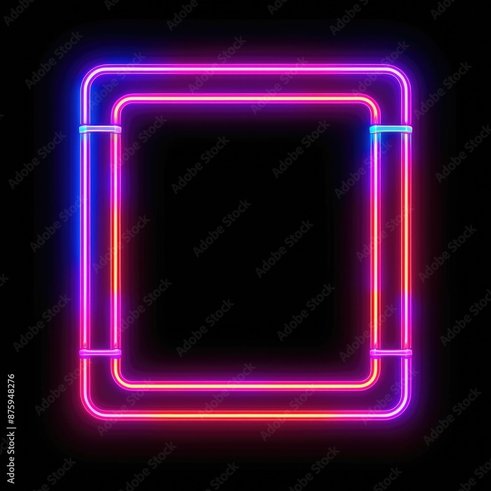 Poster glowing neon square light frame with vibrant color on dark background with reflective floor. glowing