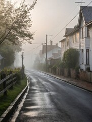 Morning Mist: The street enveloped in a soft morning mist, with the small houses and fences peeking through the haze.