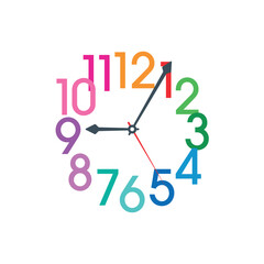 Analog clock concept with colorful numbers. wall clock interface with numbers