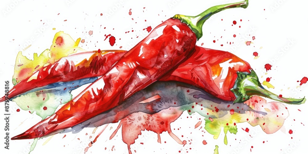 Wall mural Vibrant Red Chili Peppers Watercolor Illustration for Cooking and Seasoning