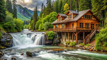 Naklejka premium Scenic view of a rustic fishing lodge at Waterfall Resort in Alaska, Alaska, wilderness, lodge, fishing, resort, rustic