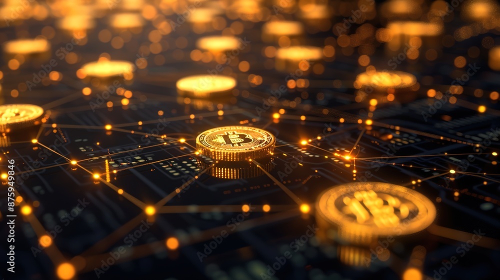 Poster illuminated blockchain: golden coins and network connections on dark background