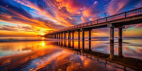 Fototapeta premium Vibrant sunset casting warm hues over a bridge on the beach, sunset, bridge, beach, orange sky, ocean, tranquil, peaceful