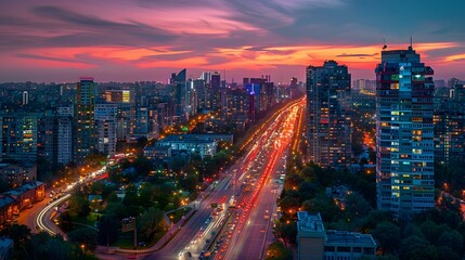 Obraz premium A busy highway runs through a city at sunset