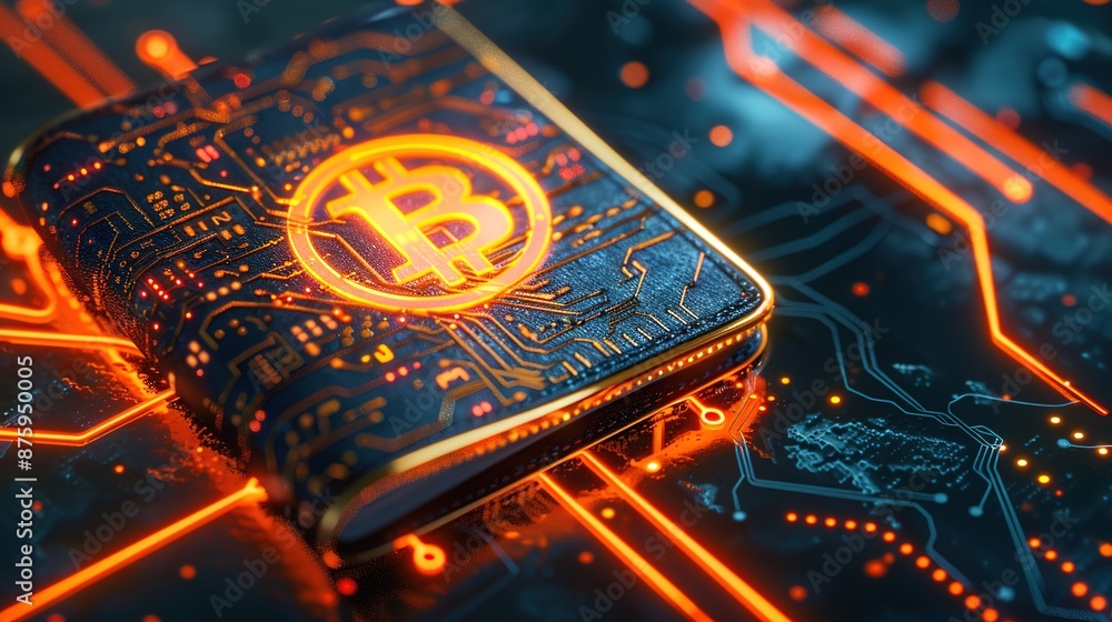 Poster futuristic virtual currency wallet design with circuit board patterns and neon lights on black backg