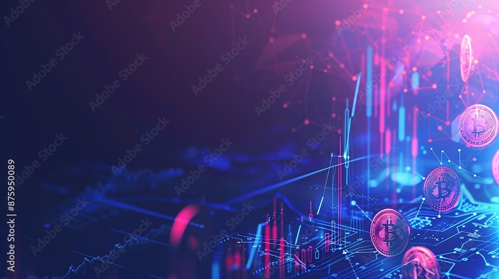 Poster digital currency trading on cryptocurrency exchange platform - financial graph lines and coins on bl