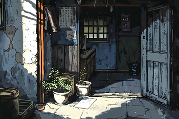 An illustration of a room with plants and a door