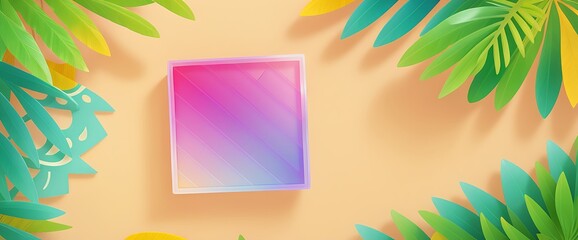 Rectangle colorful frame with leaves on each side, palm leaves, for promotional products or banners and photo or text covers, background 3d rendering