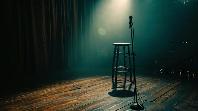 Microphone and stool on empty stand up comedy stage before start of performance. Music concert, show or interesting speech at club. Karaoke bar. Fun comedian night.