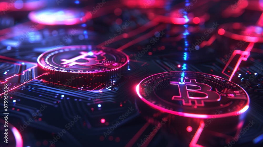 Aufkleber illuminated peer-to-peer transactions: virtual coins and glowing lines on dark cyber background