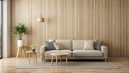 Minimalist wooden interior with sofa and stool in neutral colors, render, minimalist, wooden, interior, sofa