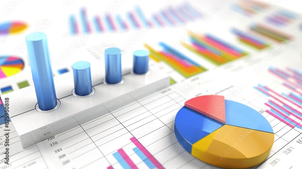 Poster financial performance analysis with line graphs and pie charts on white background