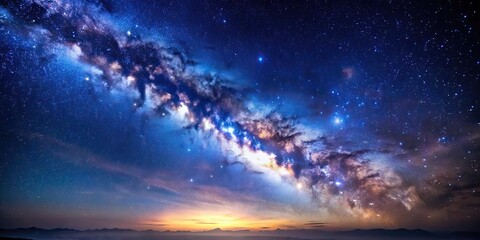 Fototapeta premium Milky Way Galaxy shining brightly against a blue starry sky, Stellar, Shimmer, Illuminating, Blue, Starry, Sky, Milky Way