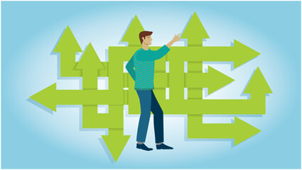 Man trying to find the best direction, strategy. Dimension 16:9. Vector illustration.