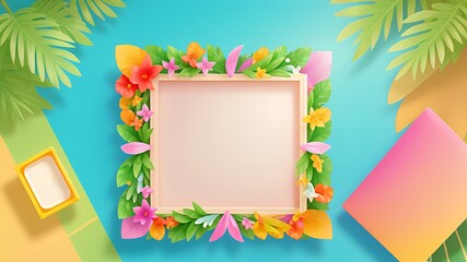 Rectangle colorful frame with leaves on each side, palm leaves, for promotional products or banners and photo or text covers, background 3d rendering