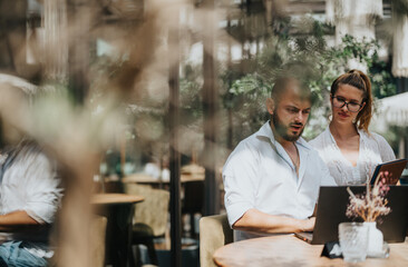 Business workers collaborating on a project in a coffee bar, brainstorming ideas and sharing knowledge, working remotely