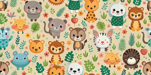 Seamless farming pattern featuring cute animals in a harmonious environment, farming, seamless, pattern, cute animals