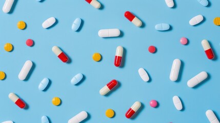 Colorful Capsules and Pills on a Blue Background