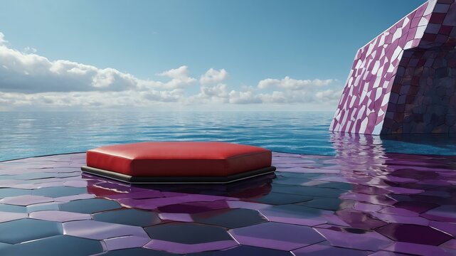 a photorealistic image of a d scene with a red hexago background