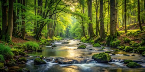 Obraz premium Stream flowing through dense forest of trees, nature, wilderness, tranquil, serenity, peaceful, landscape, beauty