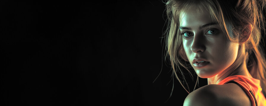 Sporty Woman in Dark Background. Suitable for gym, workout, and health advertising, for fitness, sports, and active lifestyle promotions, athletic branding, and health magazines.