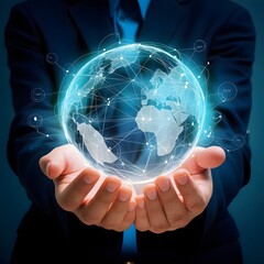 Hand touching global networking on data connection Science Big data internet technology Business Communication and internet technology concept