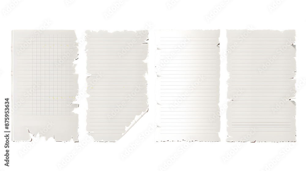 Poster set of vector realistic illustrations of a torn sheet of paper from a workbook with shadow, isolated