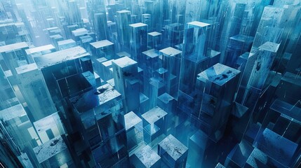 Blue Cubes: Abstract Futuristic Landscape of Interconnected Blocks