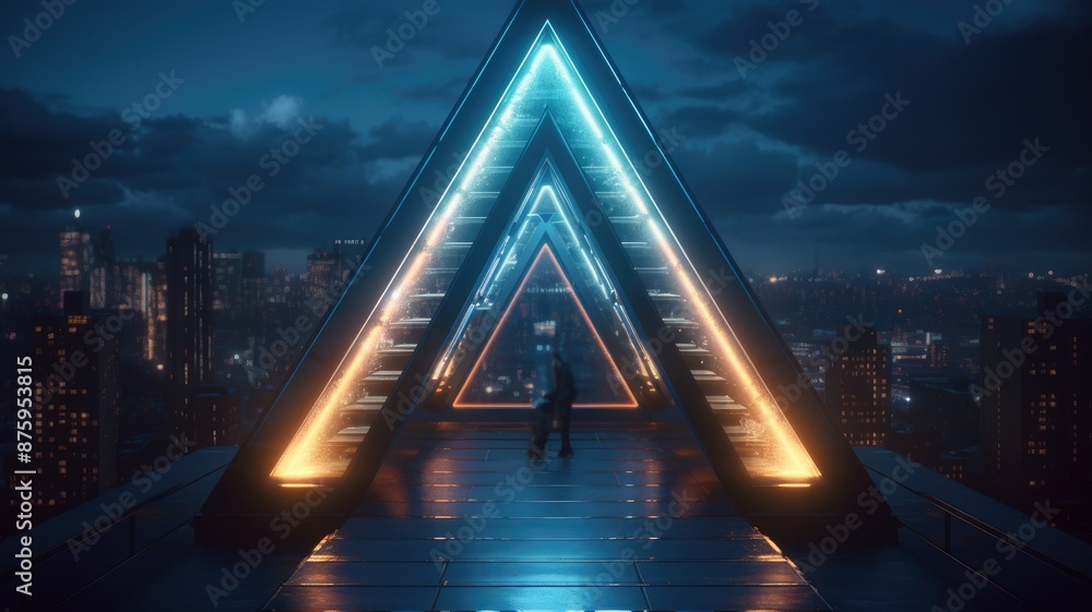 Poster abstract picture of beautiful geometric shape portal with digital style neon light reflecting set al