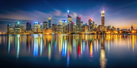 Fototapeta premium Stunning distant city skyline at night with glowing lights reflecting on water, cityscape, night, urban, skyline