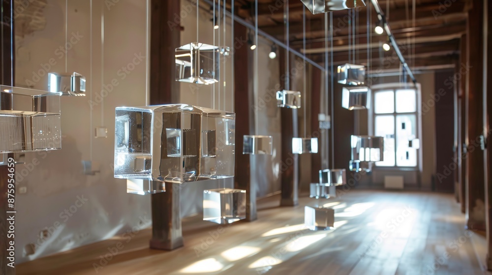 Poster serene reflections - array of floating glass cubes illuminated by soft light