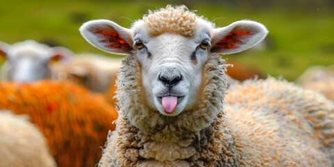 Laughing sheep with her tongue sticking out in a green, fresh meadow.