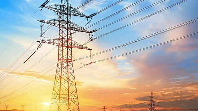 High voltage electricity tower sky sunset landscape,industrial background