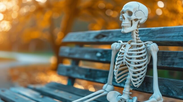 Waiting concept. A human skeleton sits on a bench in the park, endlessly waiting for true love.