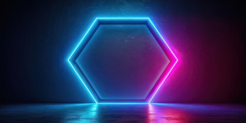 Neon-lit hexagon frame in dark room exuding modernity and sophistication, neon, render,hexagon, hexagonal, frame